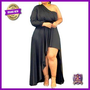 Plus Size One Shoulder Maxi Dress Long Sleeve High Low Hem Cocktail Party